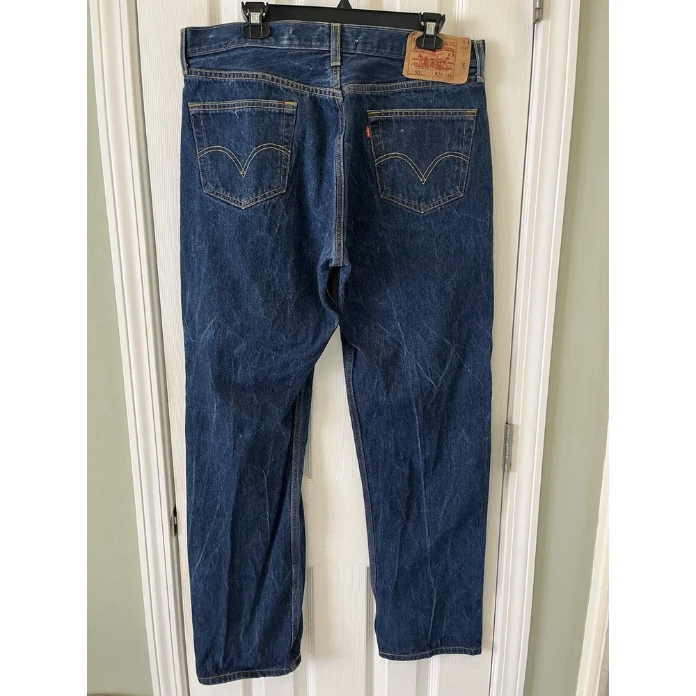 Vintage Levi's 501 Button Fly Jeans Mens 38x33 Red Batwing Distressed Dark‎ Wash